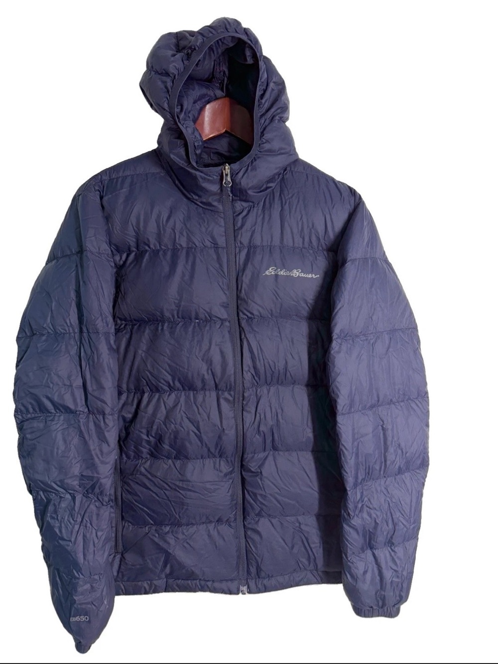 Eddie Bauer EB650 Jacket Navy Blue Hooded Down Puffer Packable Men’s Medium M
